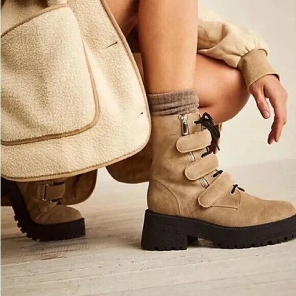 Free People Suede Emmett Lace Up Chunky Lug Sole Platform Zip Boot Tan 39 NWOB